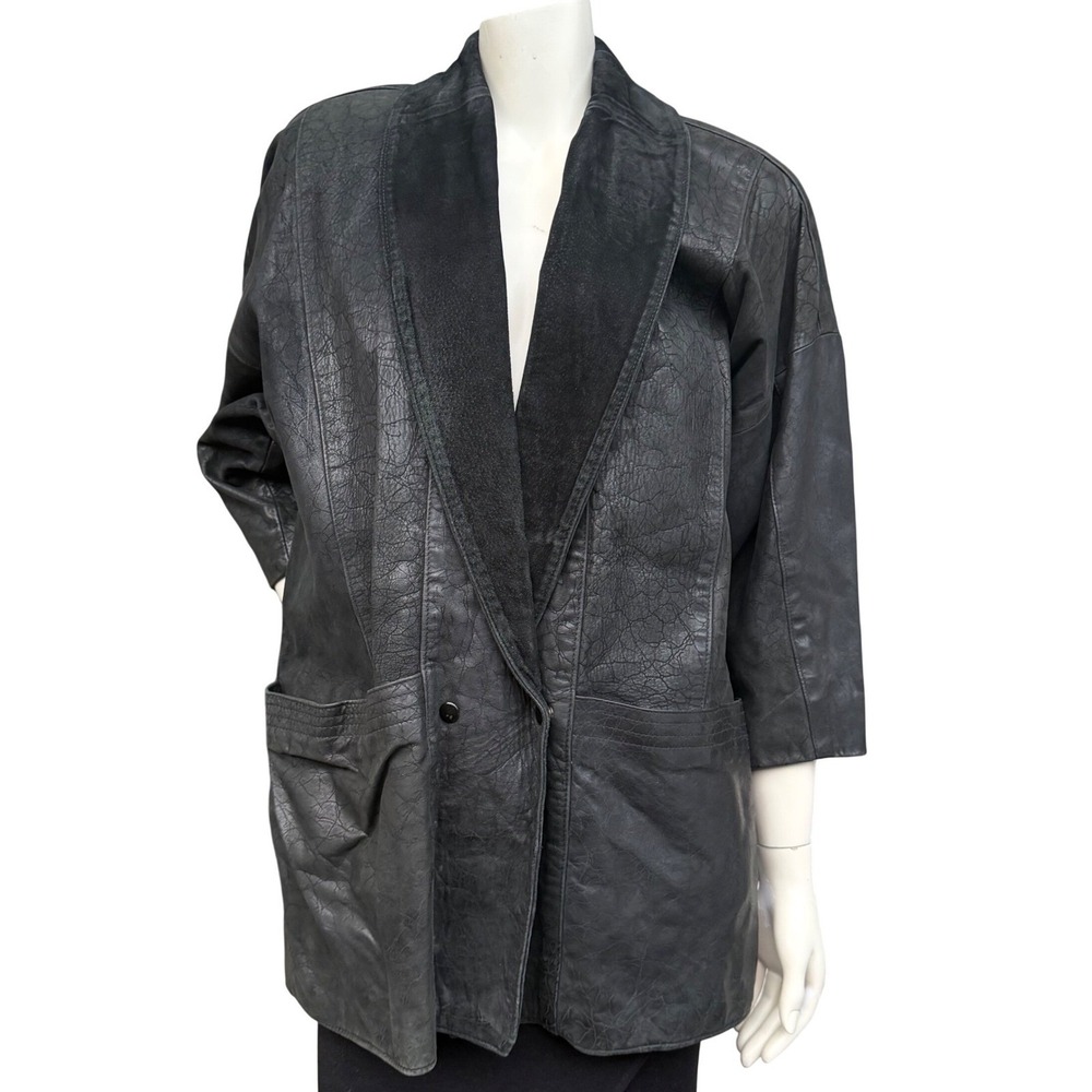 Vintage Black Leather Jacket Shawl Collar 80s 3/4 Sleeve  Oversized Goth Black L